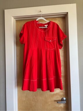 Pilcro Anthropologie Red Swing Dress Sz M Contrast Stitch Pocket Cotton Twill